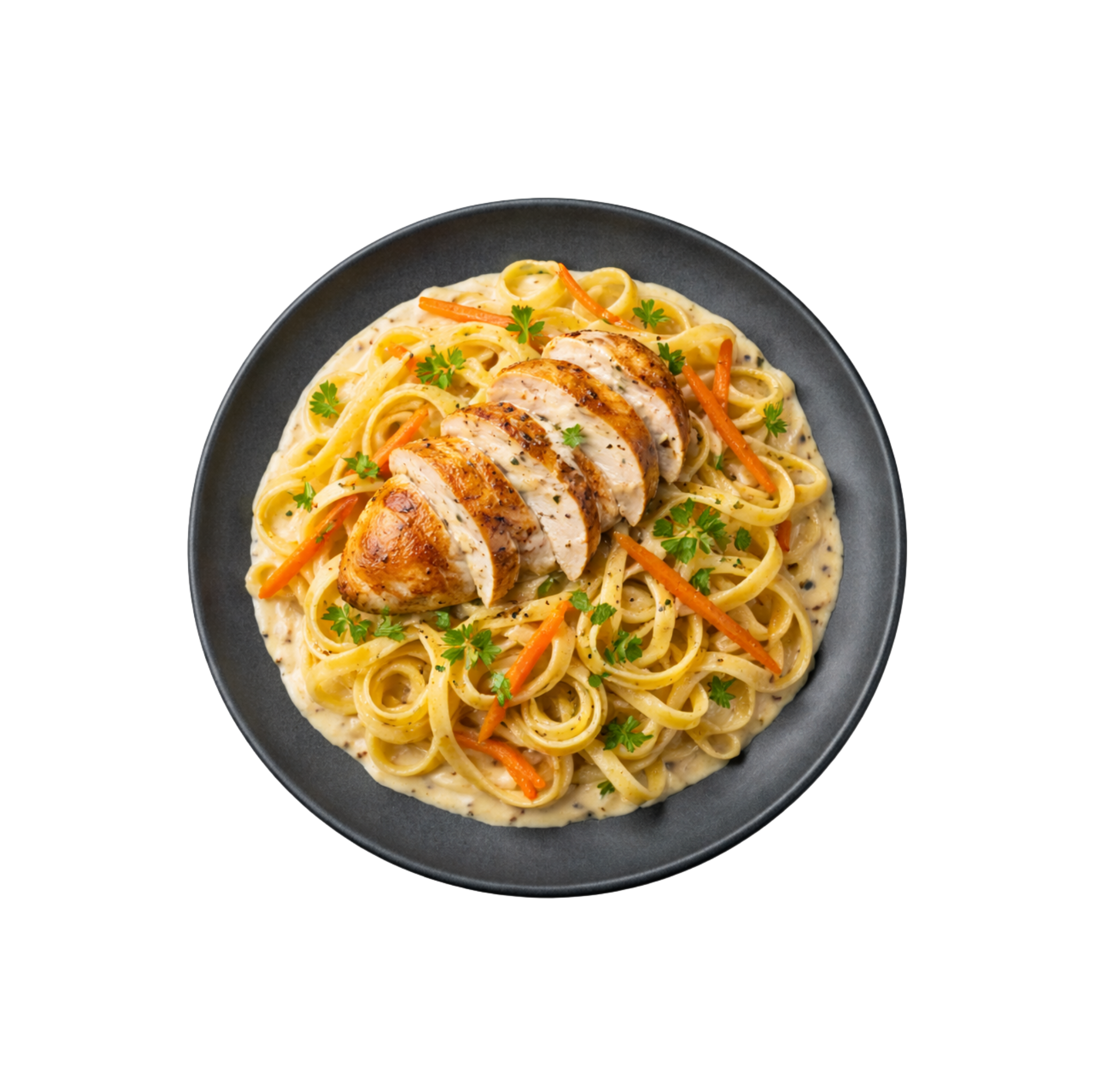 Bandnudeln in Pfefferrahmsauce mit Hähnchenbrust und Karotten