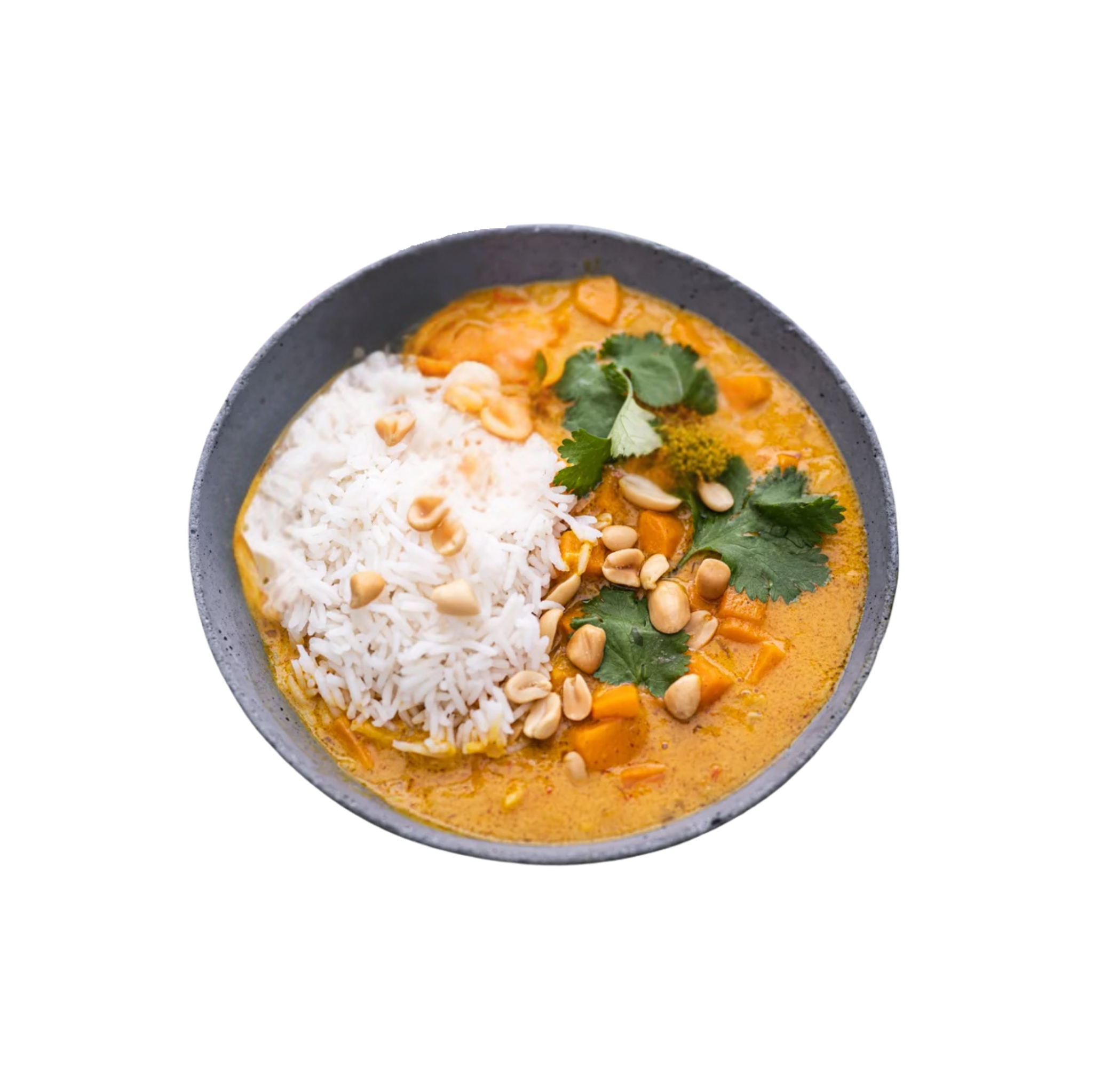 Erdnusscurry mit gebackenen Süßkartoffeln, Sprossen, Lauchzwiebeln und Reis