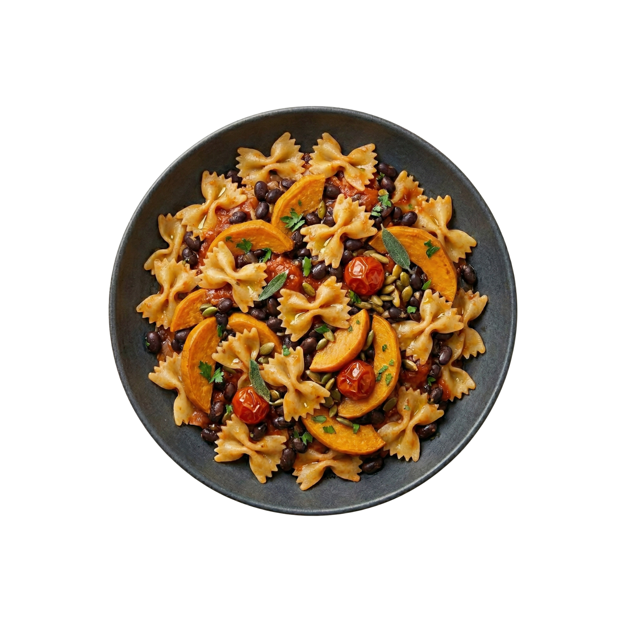 Farfalle mit Kürbissugo, Tomaten und karamelisierten Kernen