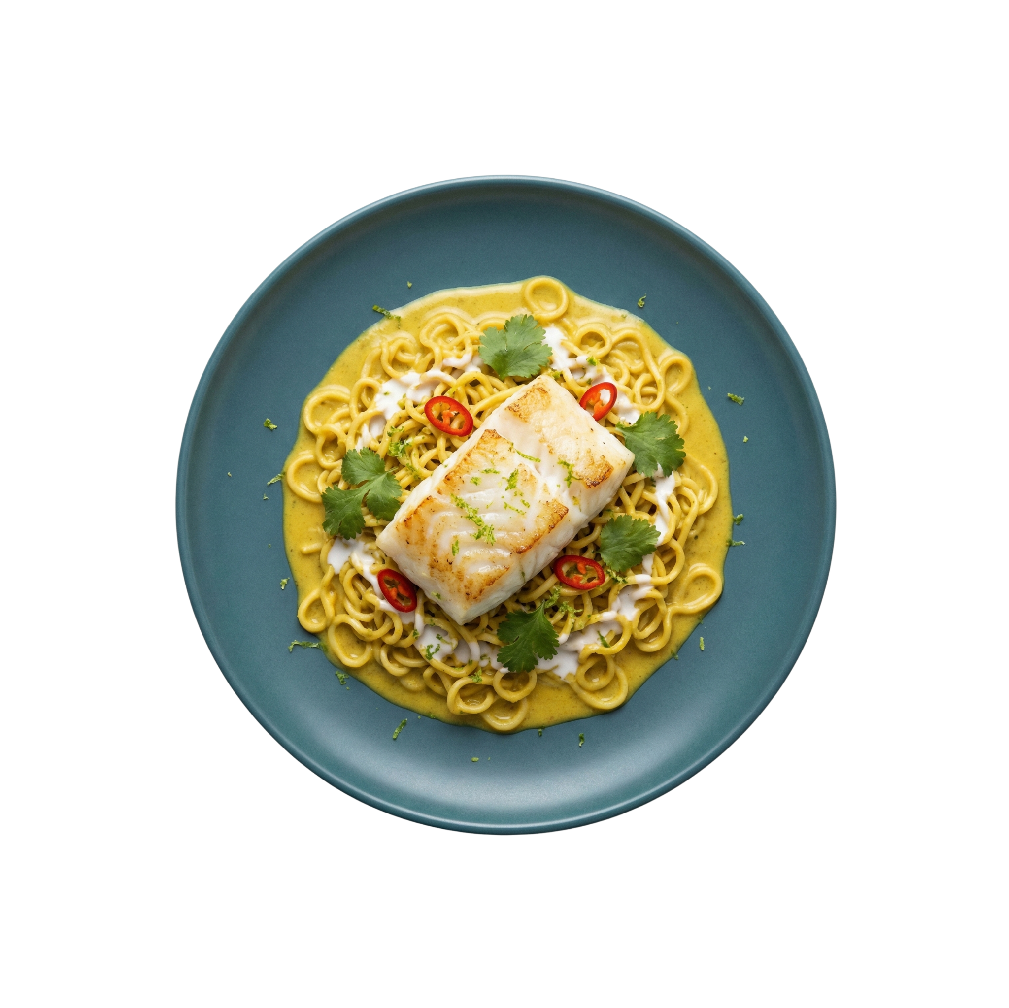 Fischfilet in gelbem Curry auf Mie Nudeln