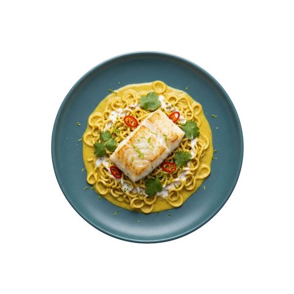 Fischfilet in gelbem Curry auf Mie Nudeln