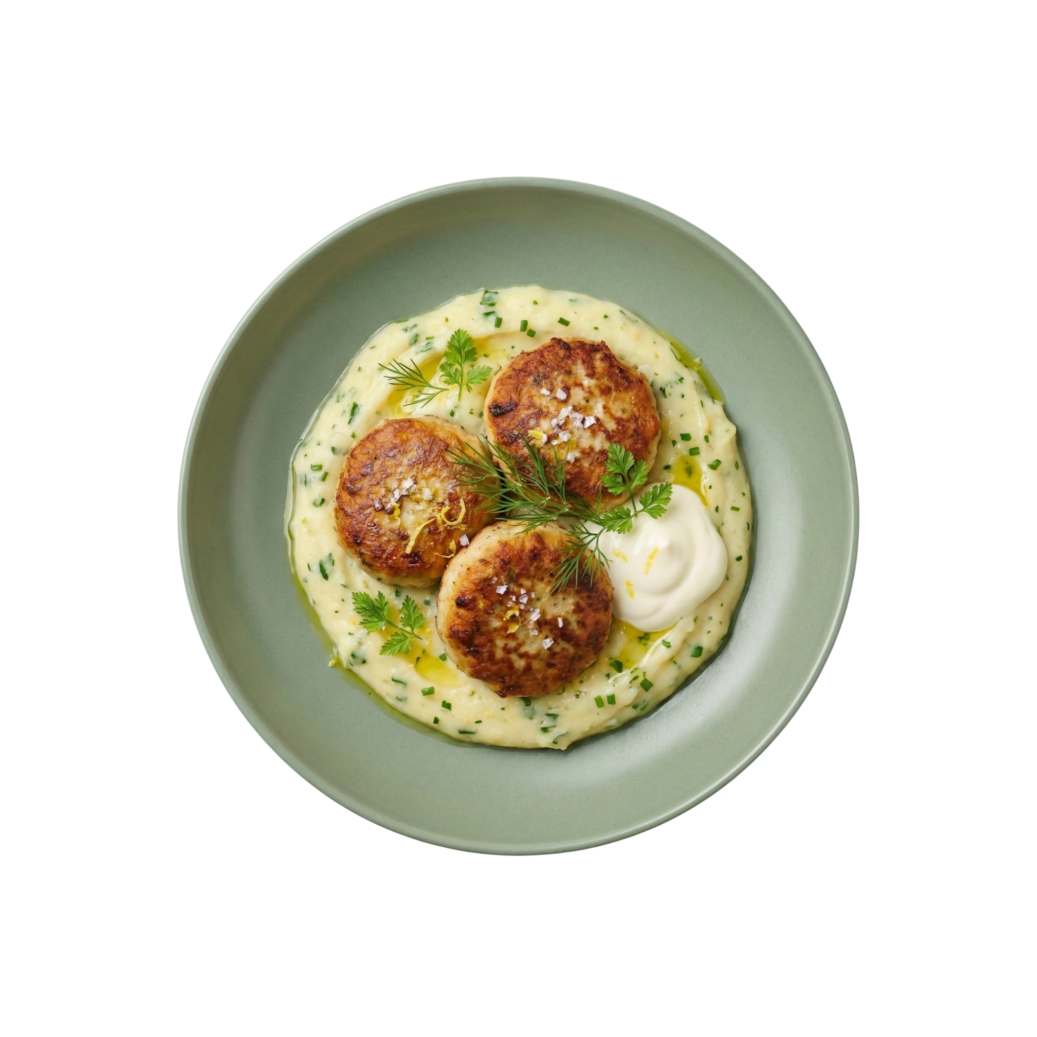 Fischfrikadellen auf Kartoffel-Kräuterpüree mit Knoblauchcreme