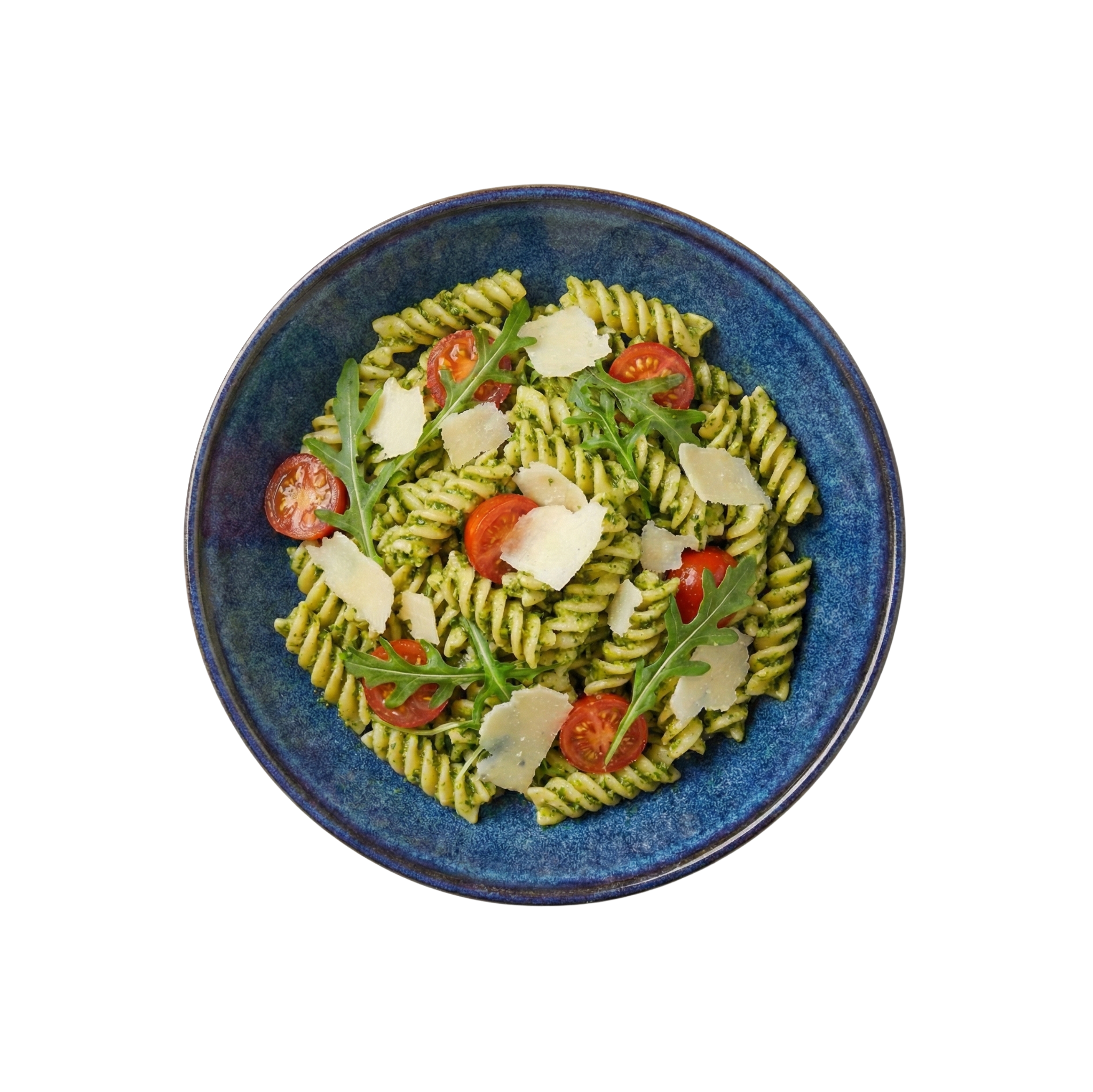 Fusilli in Basilikumpesto mit Tomaten, Rucola und Parmesan