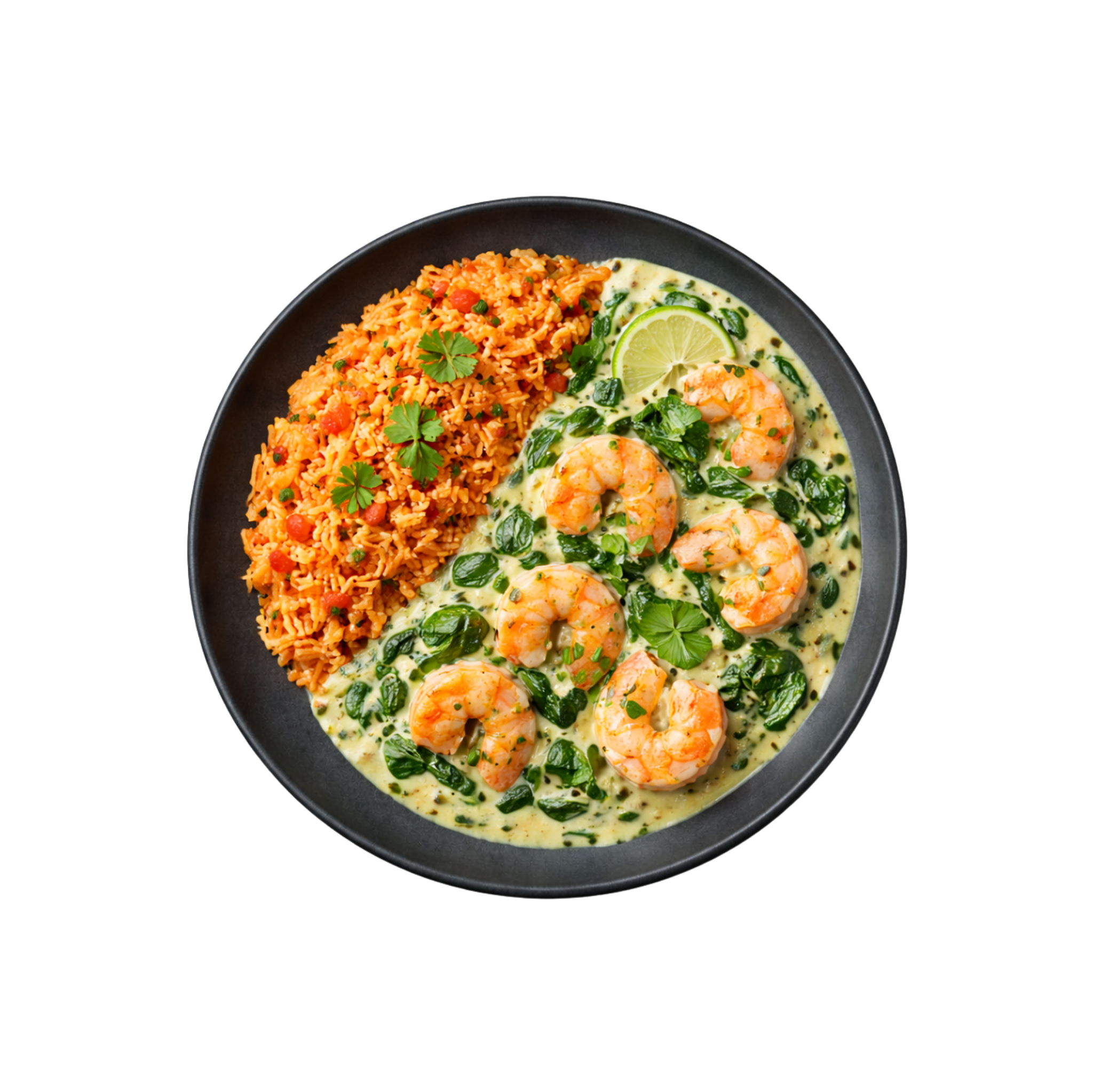 Garnelen in Limetten-Spinat-Sauce mit Tomatenreis