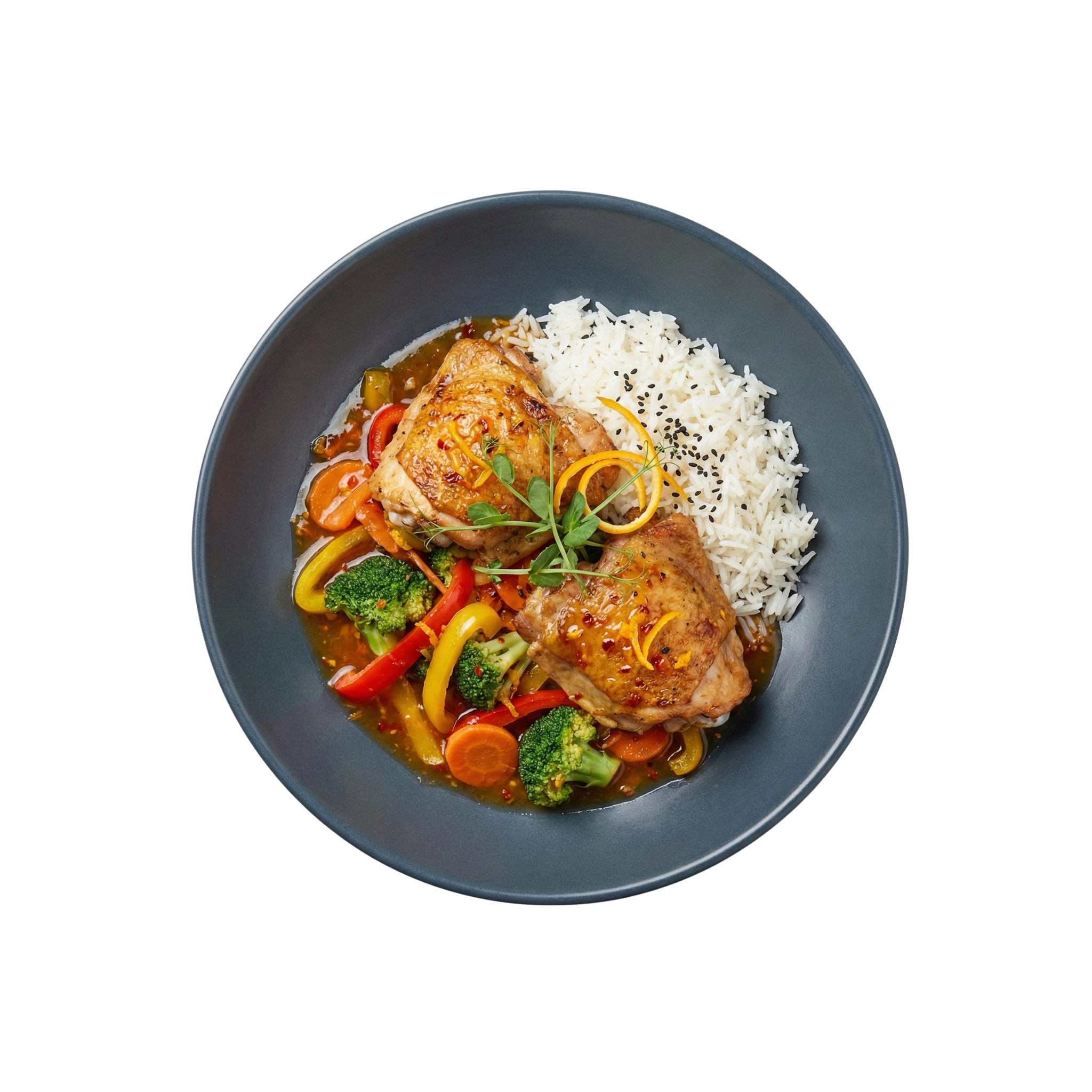 Gebackenes Hähnchen auf Gemüse in Orangen-Chili-Sauce mit Basmatireis