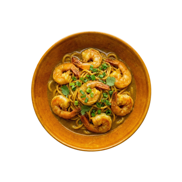 Gebratene Mie-Nudeln mit Riesengarnelen in Curry