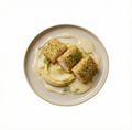 Backfisch auf Kartoffelpüree mit Senf-Dill-Sauce