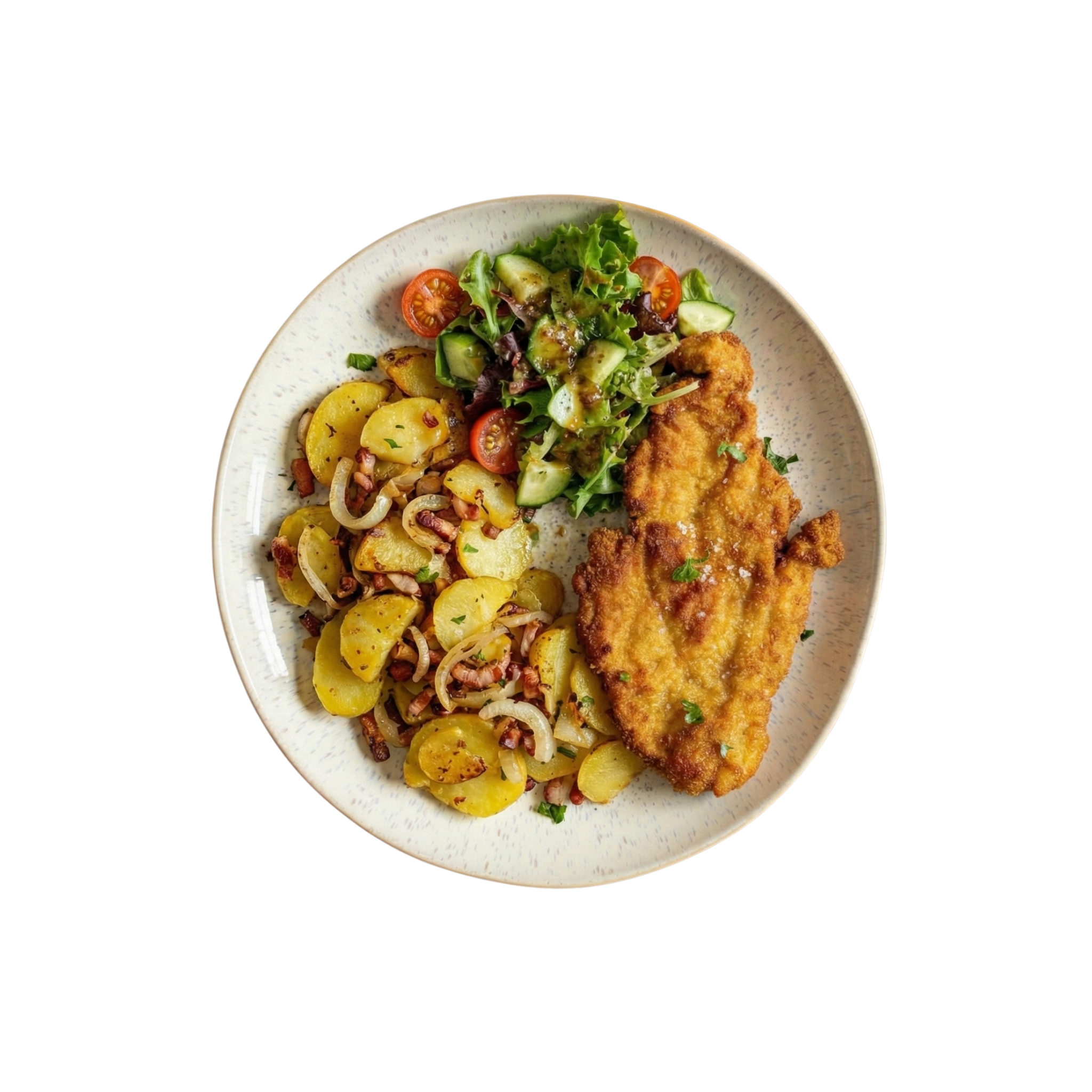 Hähnchen-Schnitzel mit Bratkartoffeln und Salat