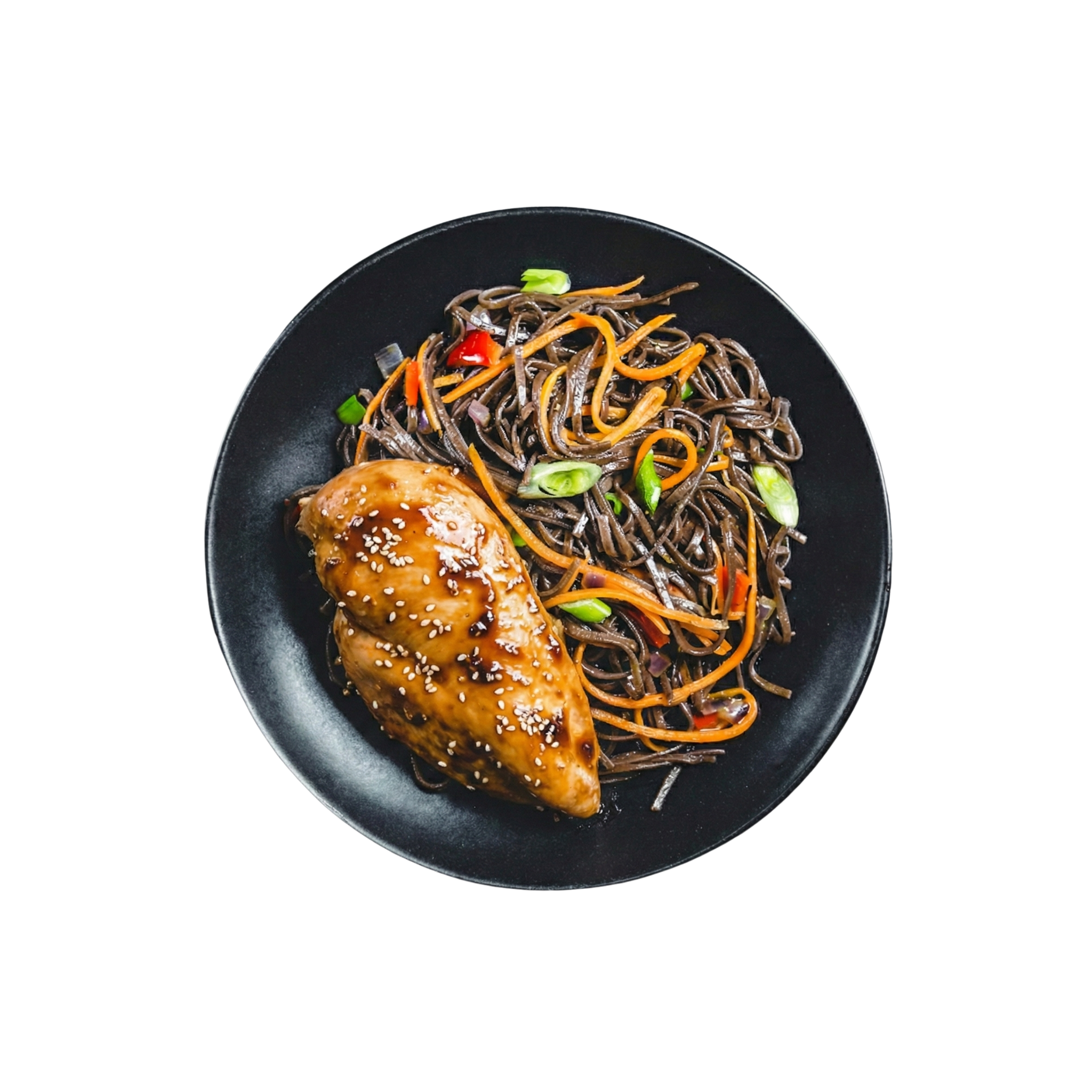 Hähnchenbrust auf Sobanudeln mit Gemüse in Sesamsauce