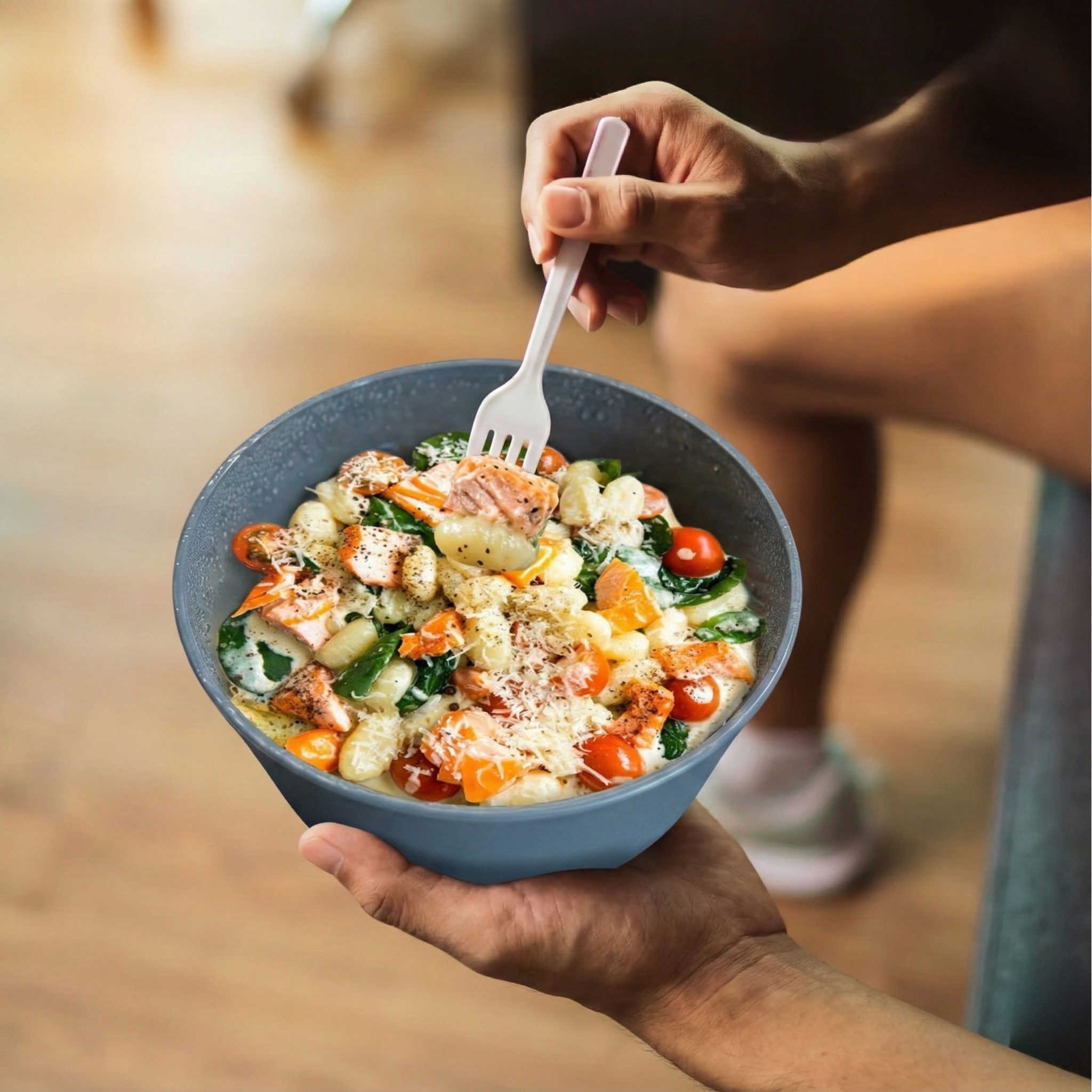 Leckeres Restaurantgericht Gnocchi in Lachs-Sahne-Sauce mit Spinat und Tomaten aus der digitalen Kantine FooBi in Hamburg. Beim Kunden in der Hand im Büro.