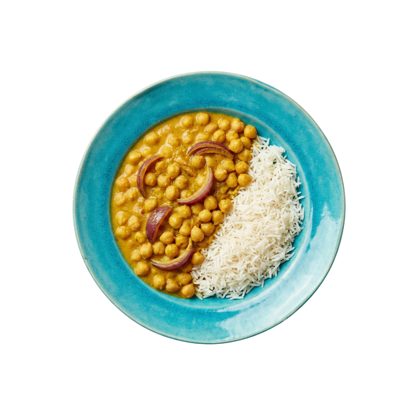 Kichererbsencurry mit marinierten Zwiebeln und Basmatireis