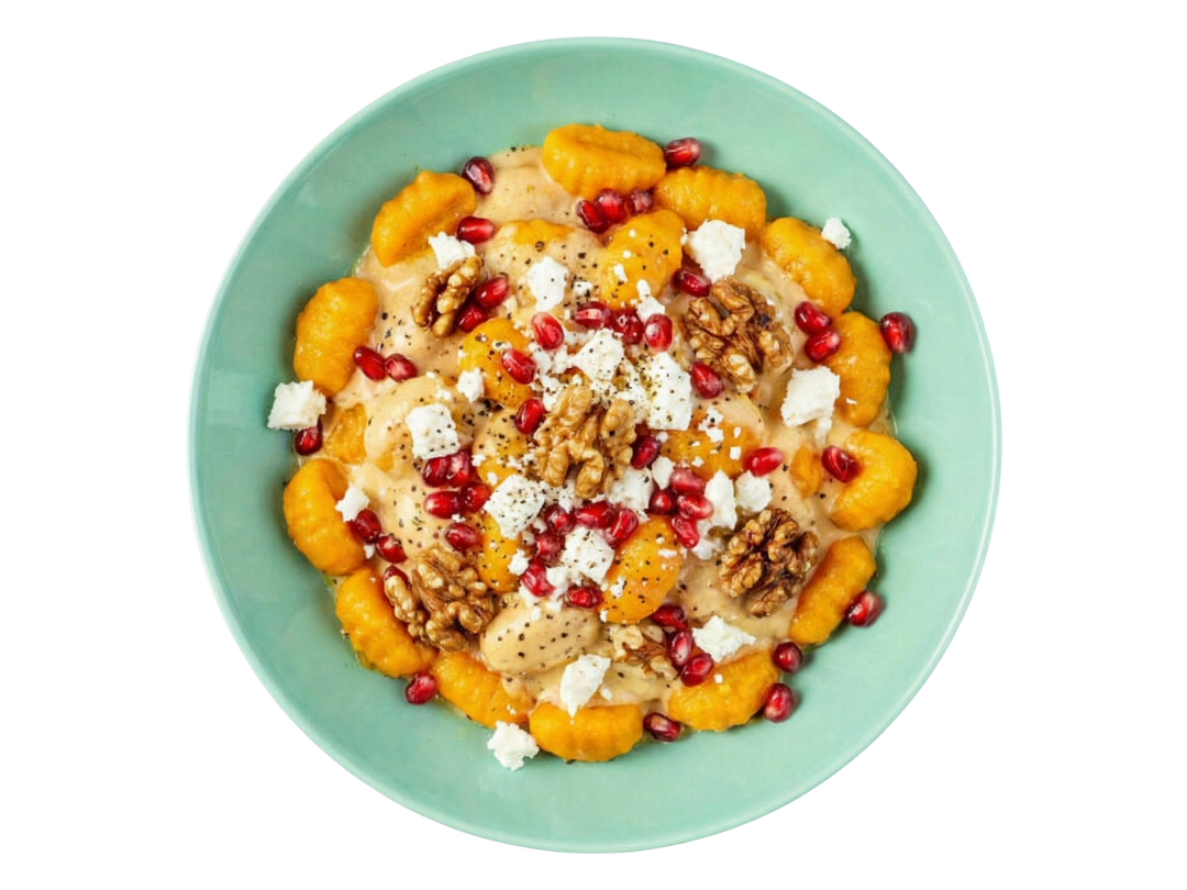 Kürbis Gnocchi mit Feta, Granatapfel und Walnüssen