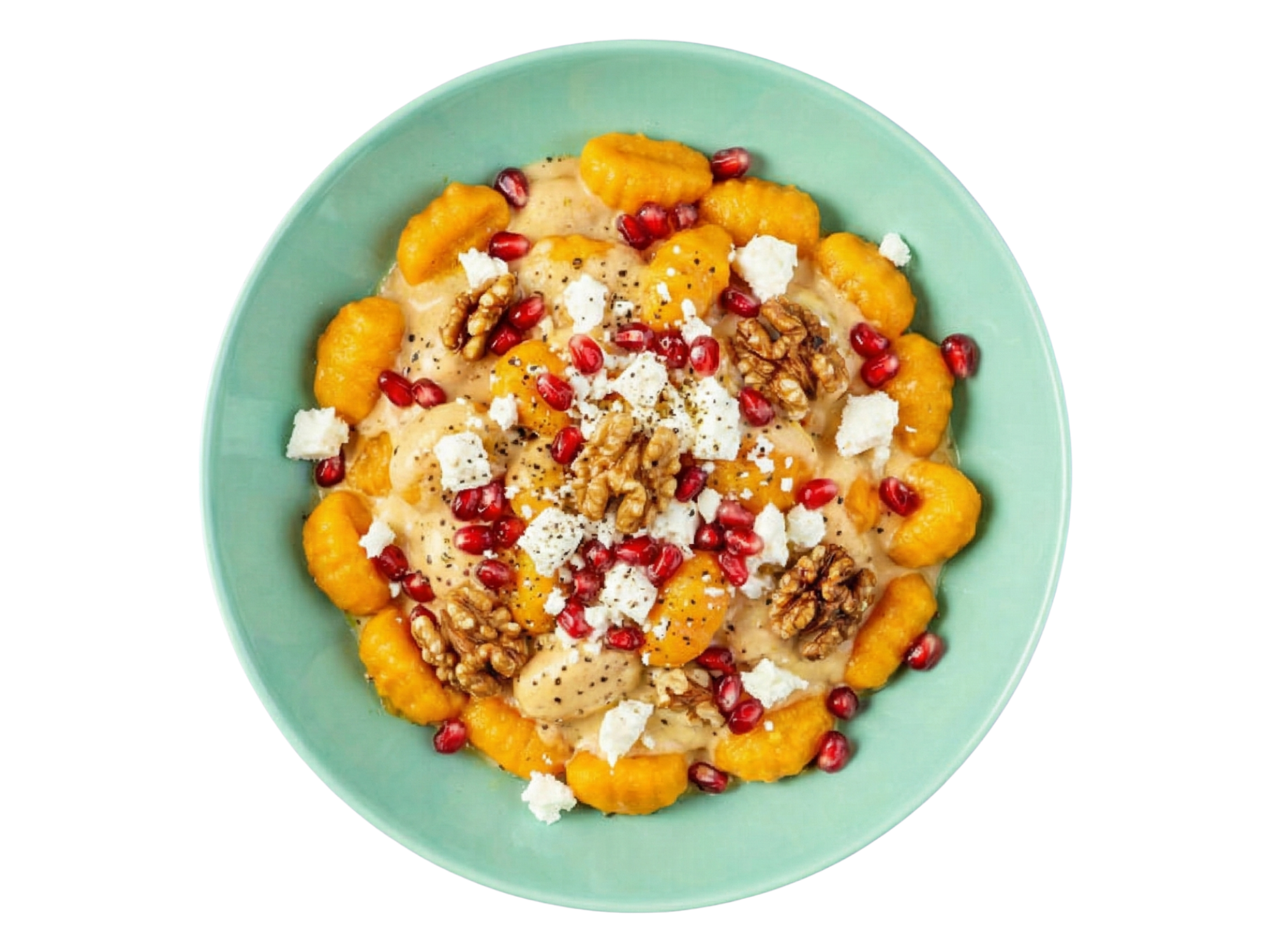 Kürbis Gnocchi mit Feta, Granatapfel und Walnüssen
