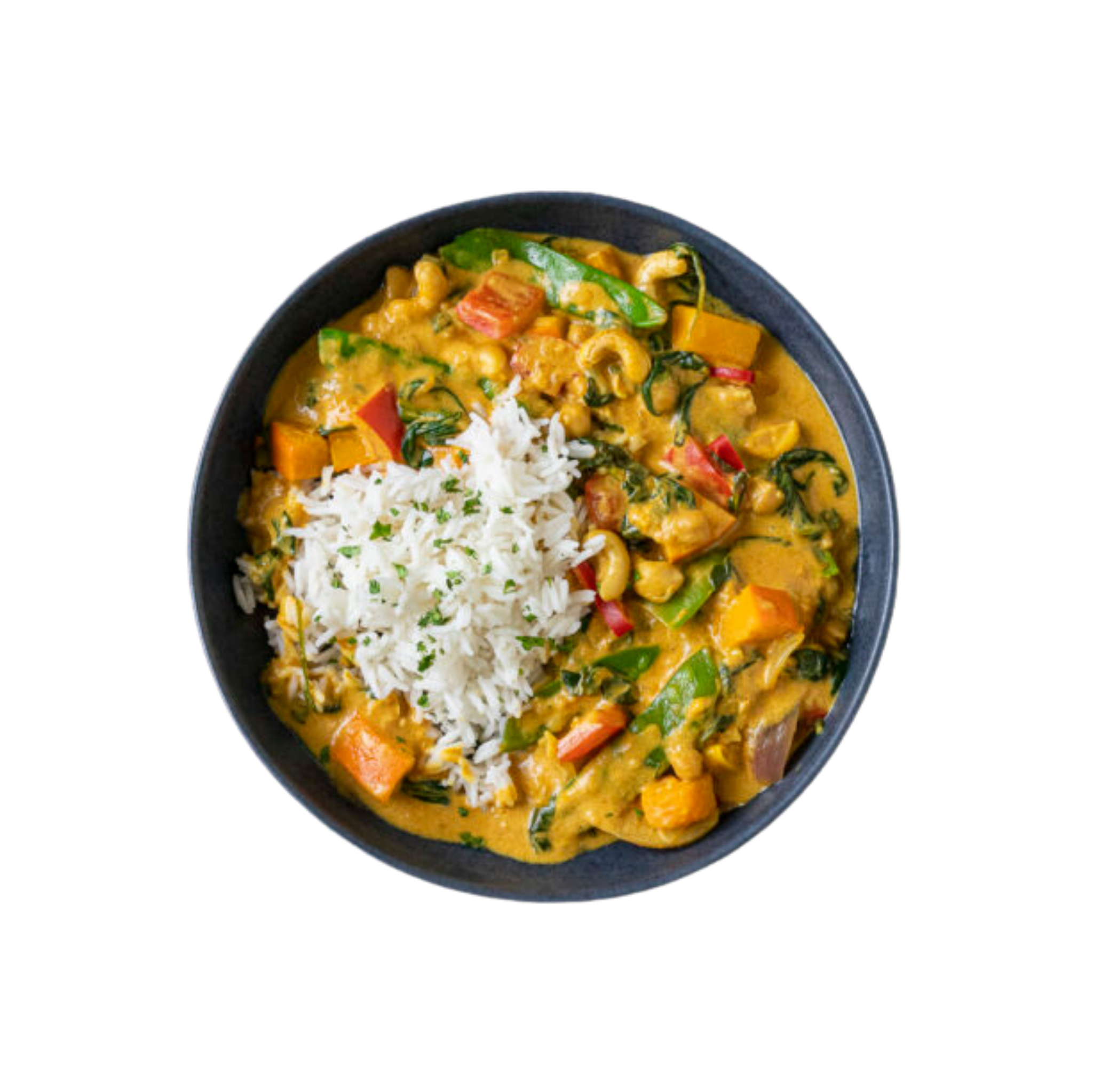 Kürbiscurry mit Spinat, Tomaten und Sprossen mit Reis