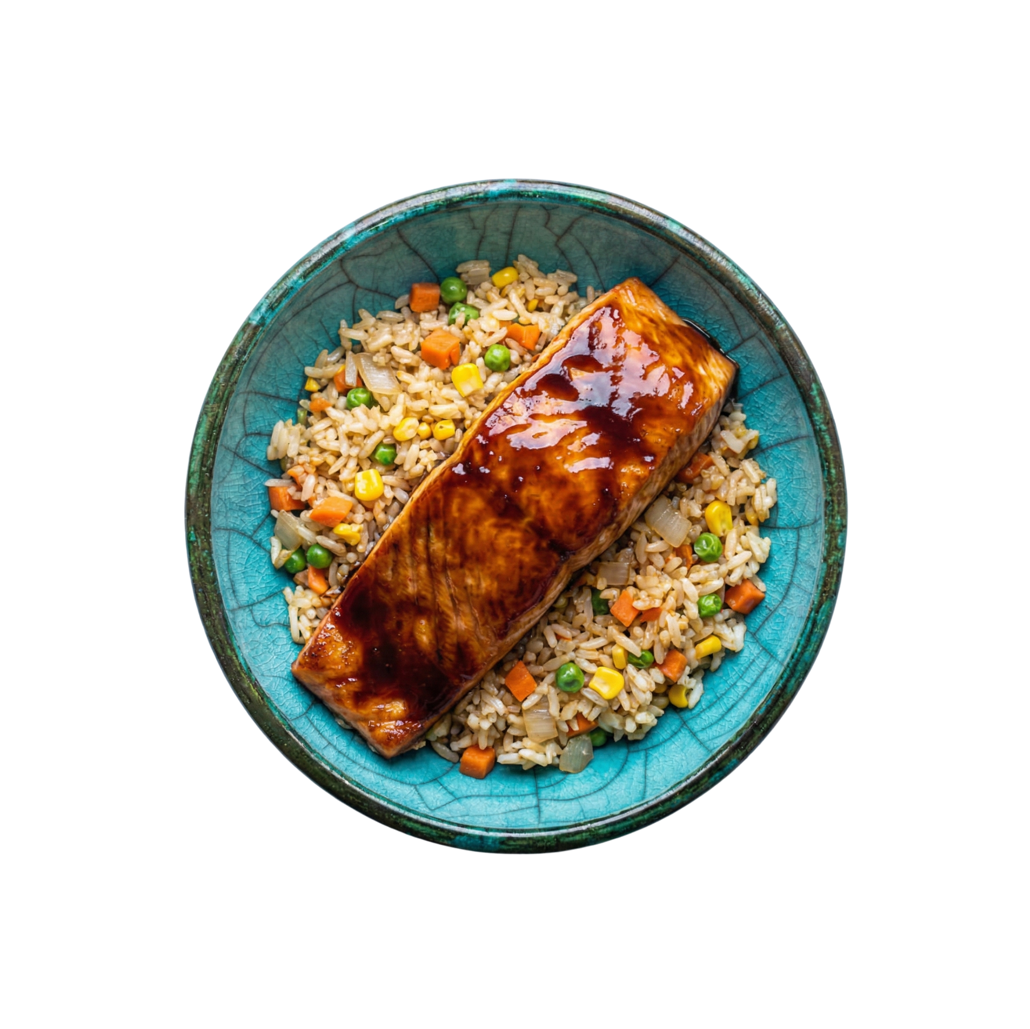 Lachs auf gebratenem Gemüsereis mit Terriyakiglasur