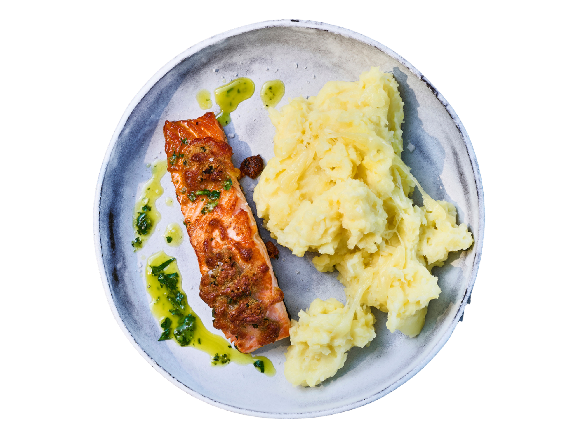 Lachsfilet mit Kartoffelpüree und feiner Kräutersauce