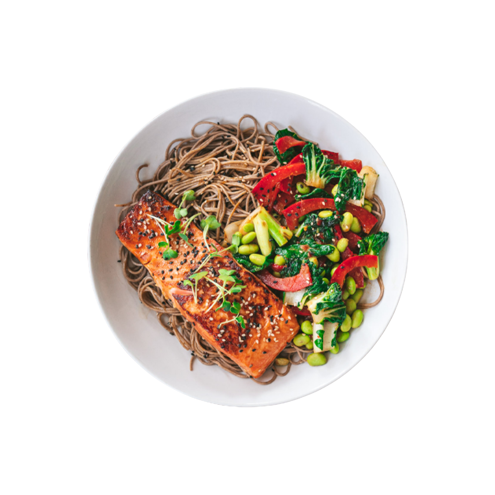 Lachsfilet auf Teriyaki-Nudeln mit Gemüse