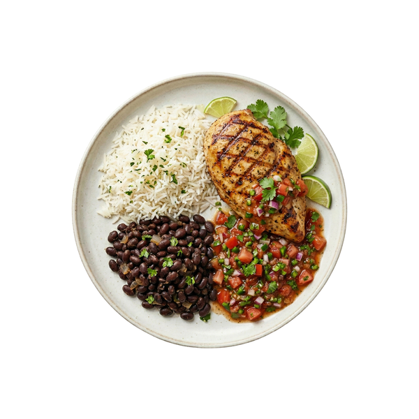 Lime Chicken mit Bohnen, Salsa und Reis