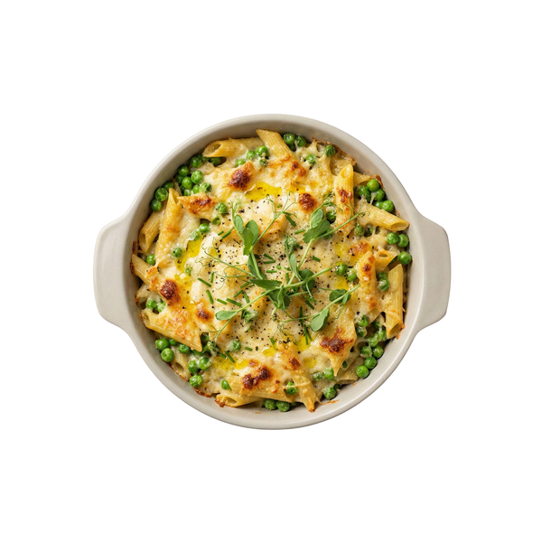 Nudelauflauf mit Erbsen und Erbsen mit Parmesan überbacken