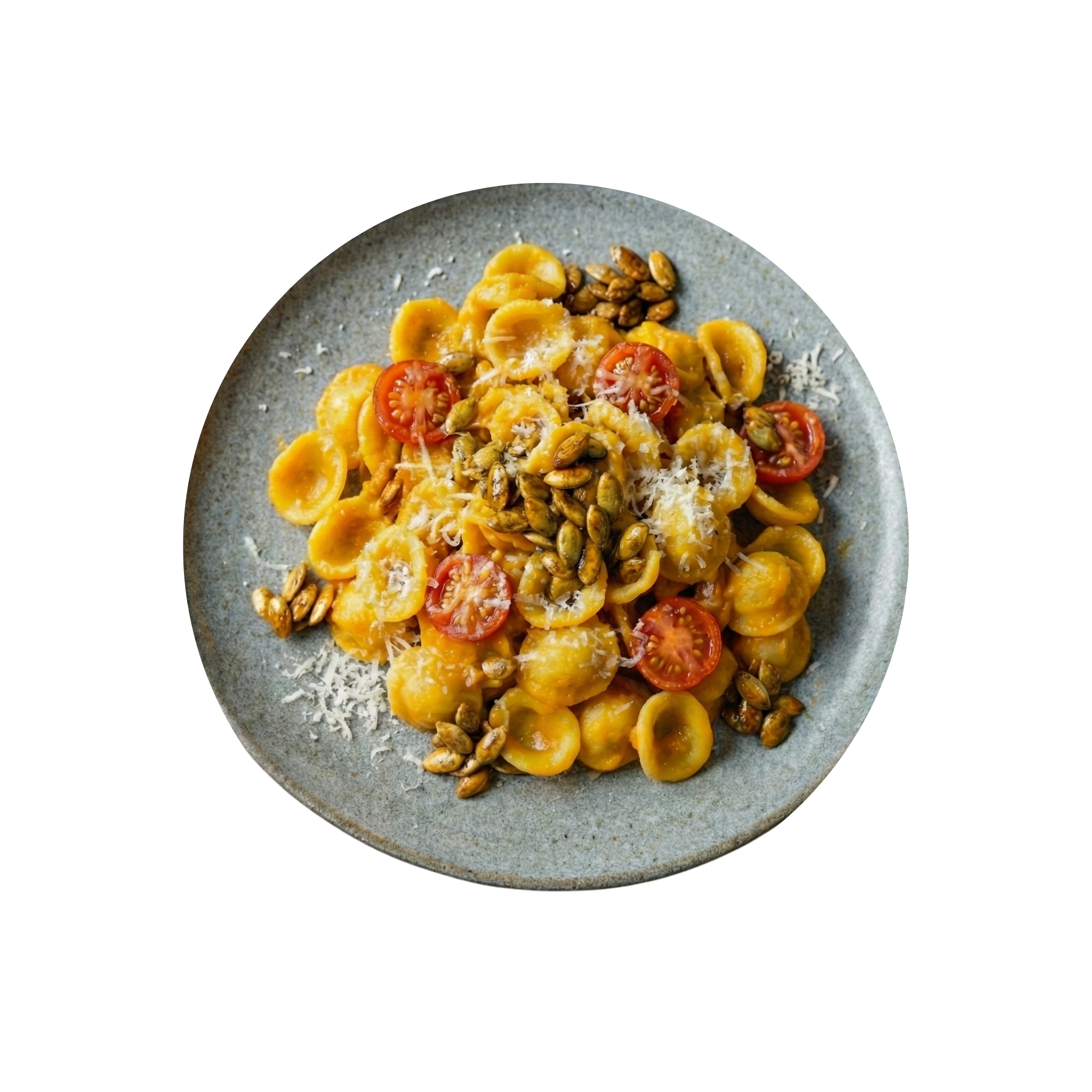 Orecchiette mit Kürbissugo, Tomaten und karamelisierten Kernen
