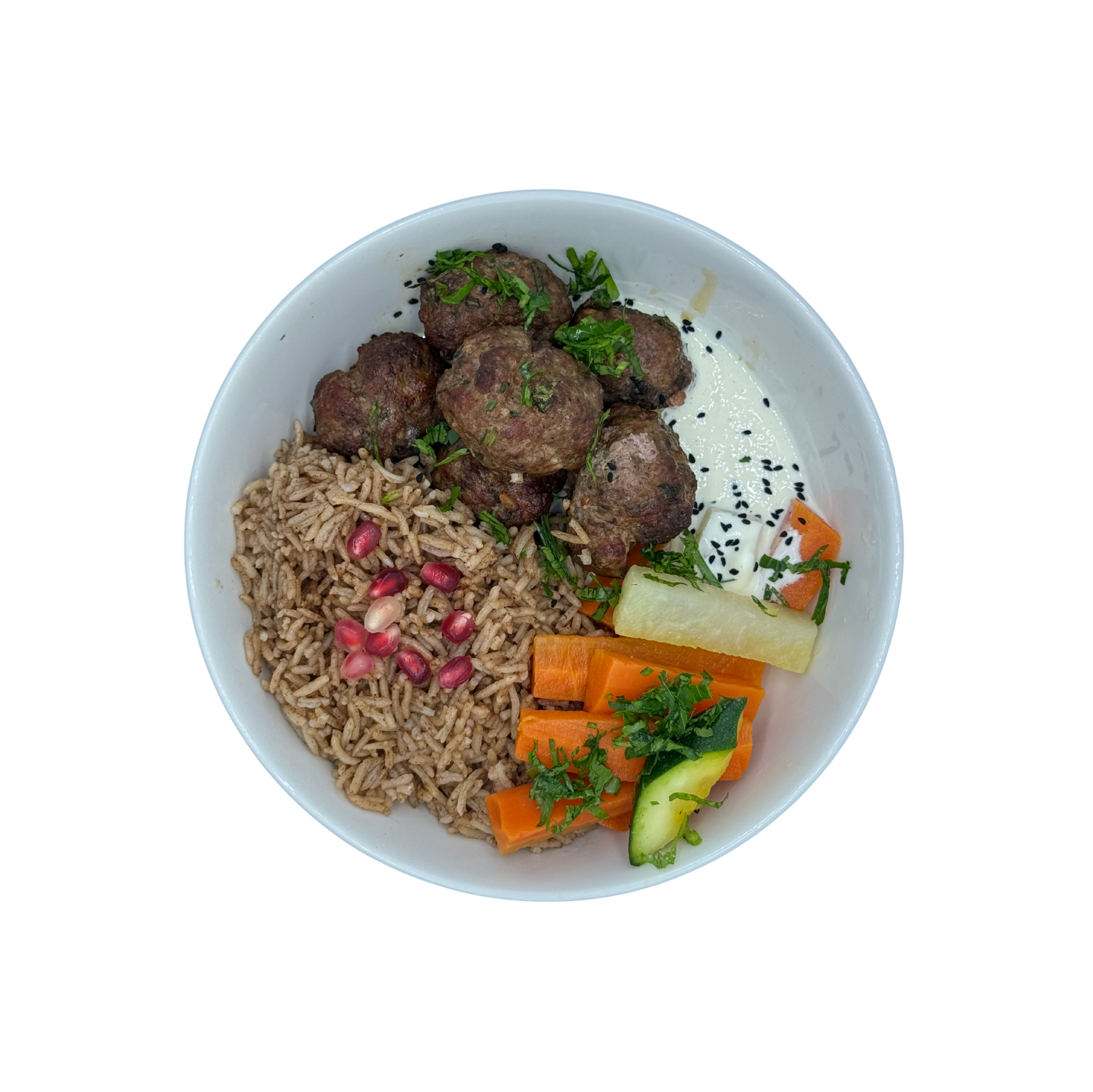 Orientalische Kebab-Bällchen mit Schafskäsesauce & Zimt-Reis