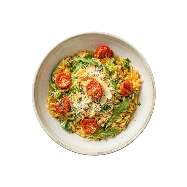Orzorisotto in Trüffelbutter mit geschmolzenen Kirschtomaten und Rukola und Parmesan
