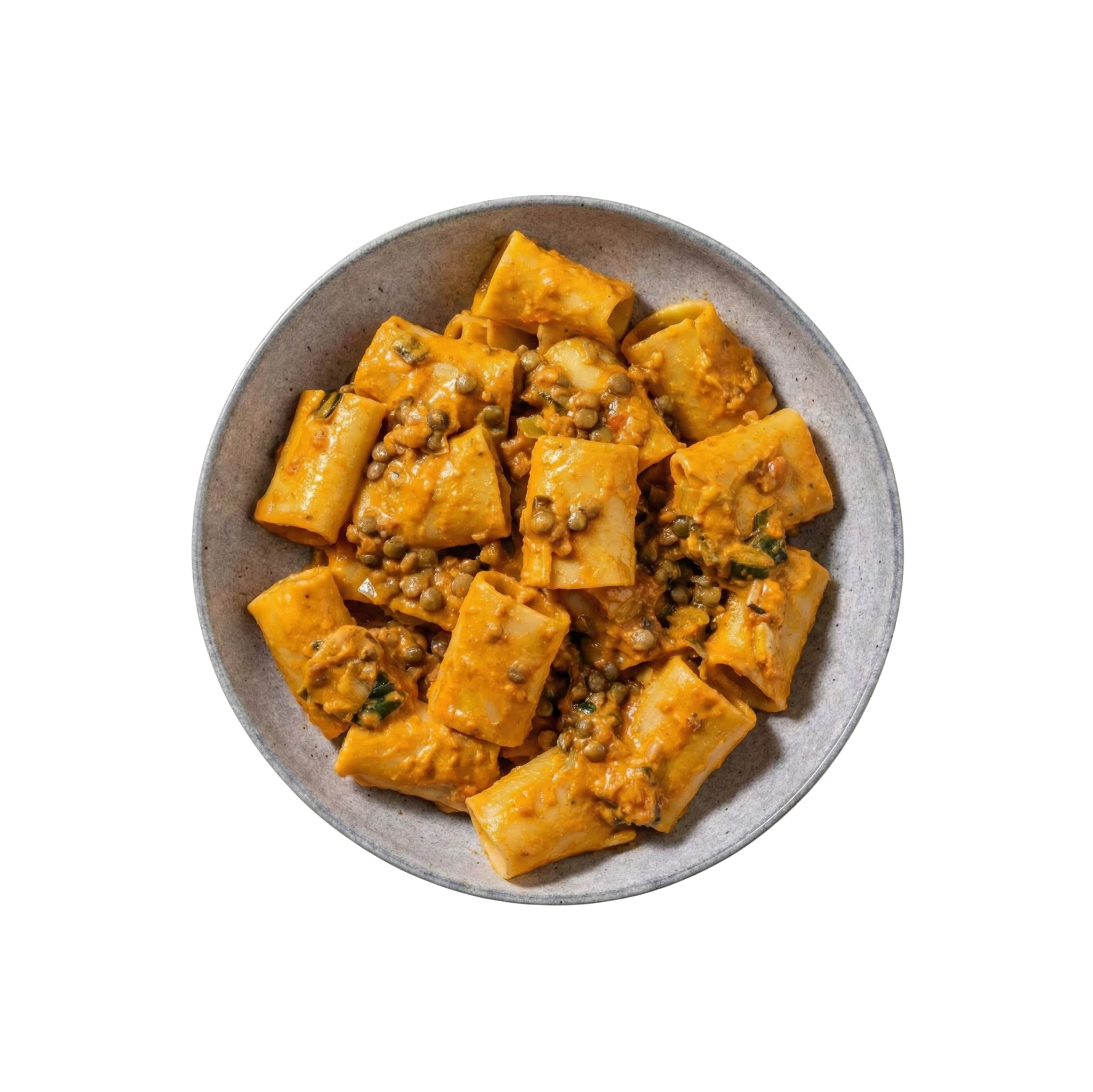 Paccheri in cremiger Linsen-Tomatensauce
