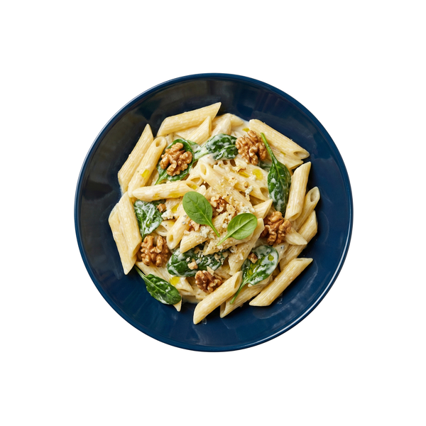 Penne in Gorgonzollacreme mit Babyspinat und Walnüssen