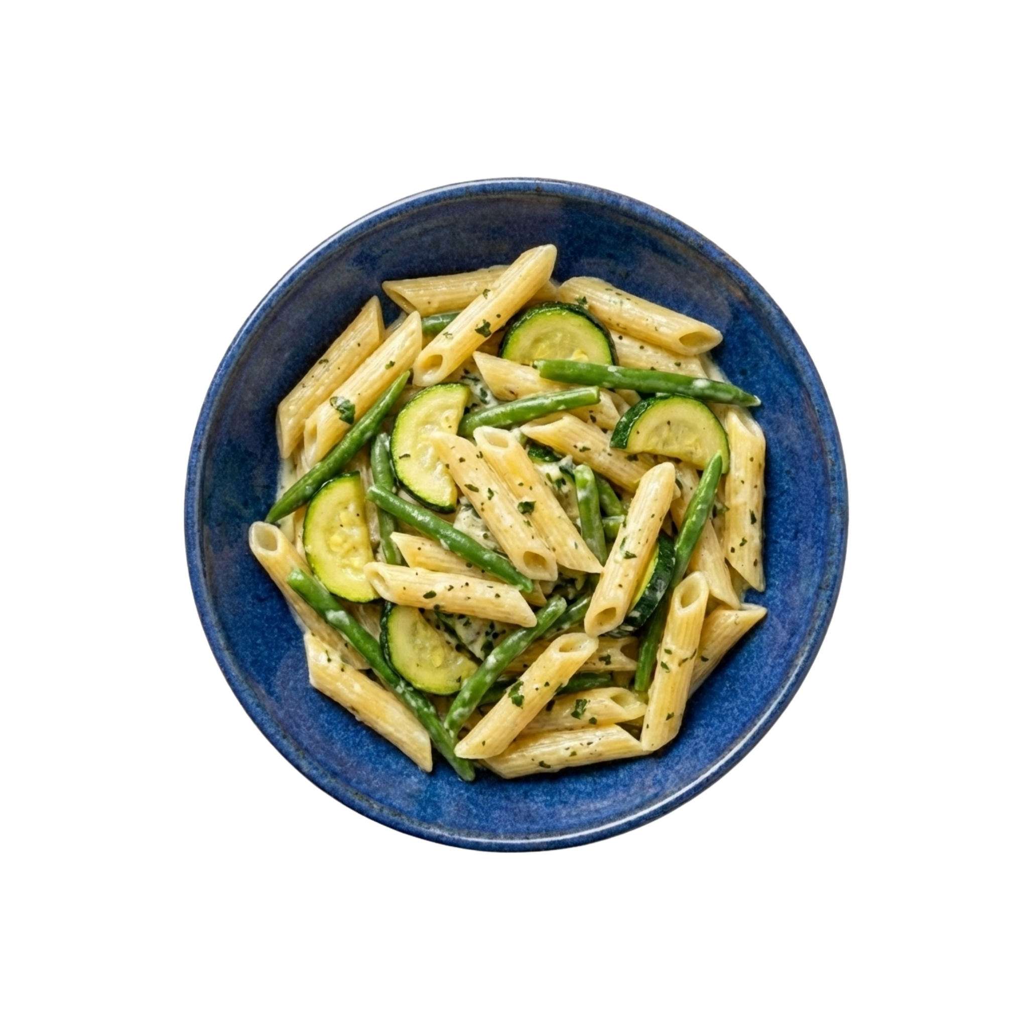 Penne in Kräuter-Käse-Sauce mit Zucchini und grünen Bohnen