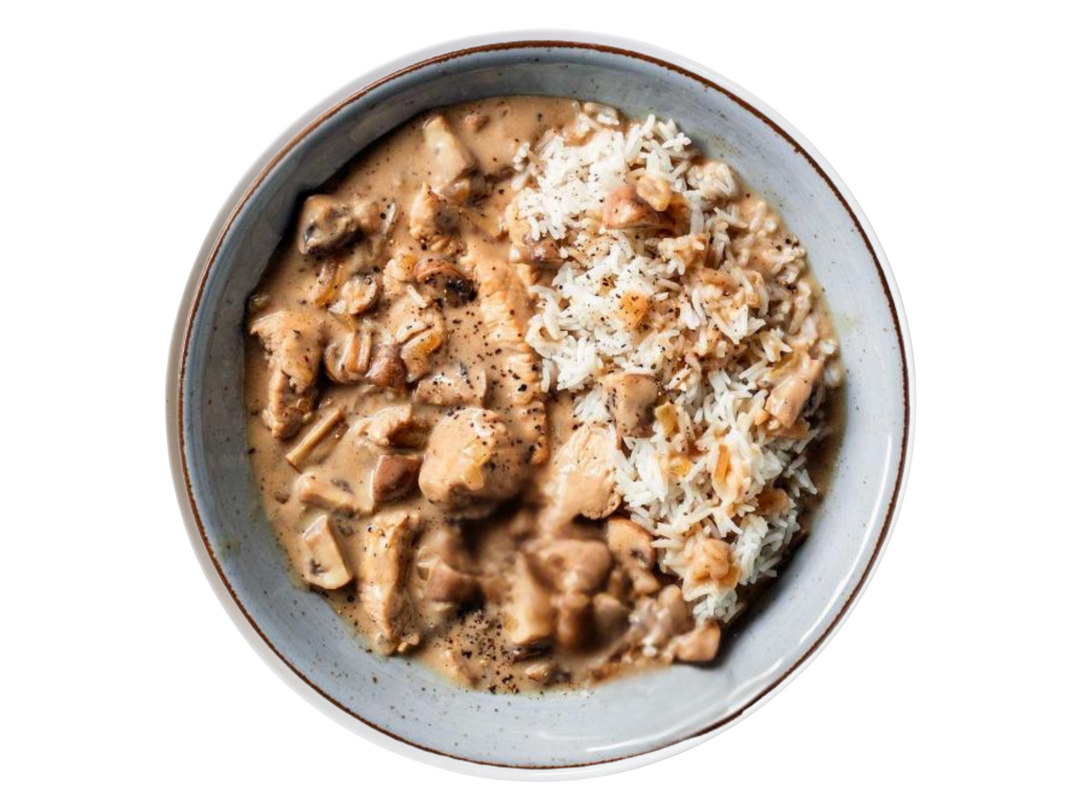 Putengyros mit Zwiebelstreifen und Langkornreis