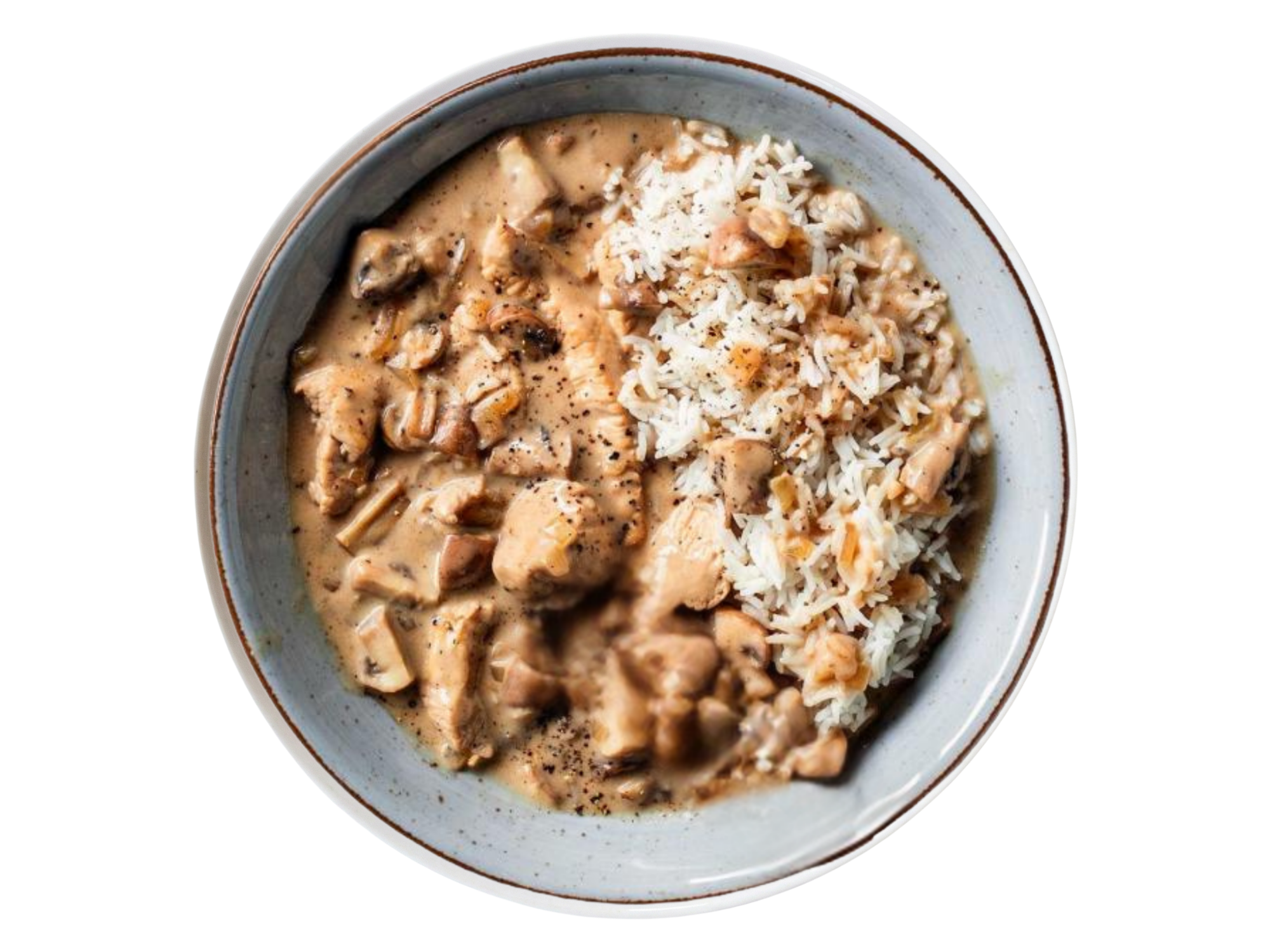 Putengyros mit Zwiebelstreifen und Langkornreis