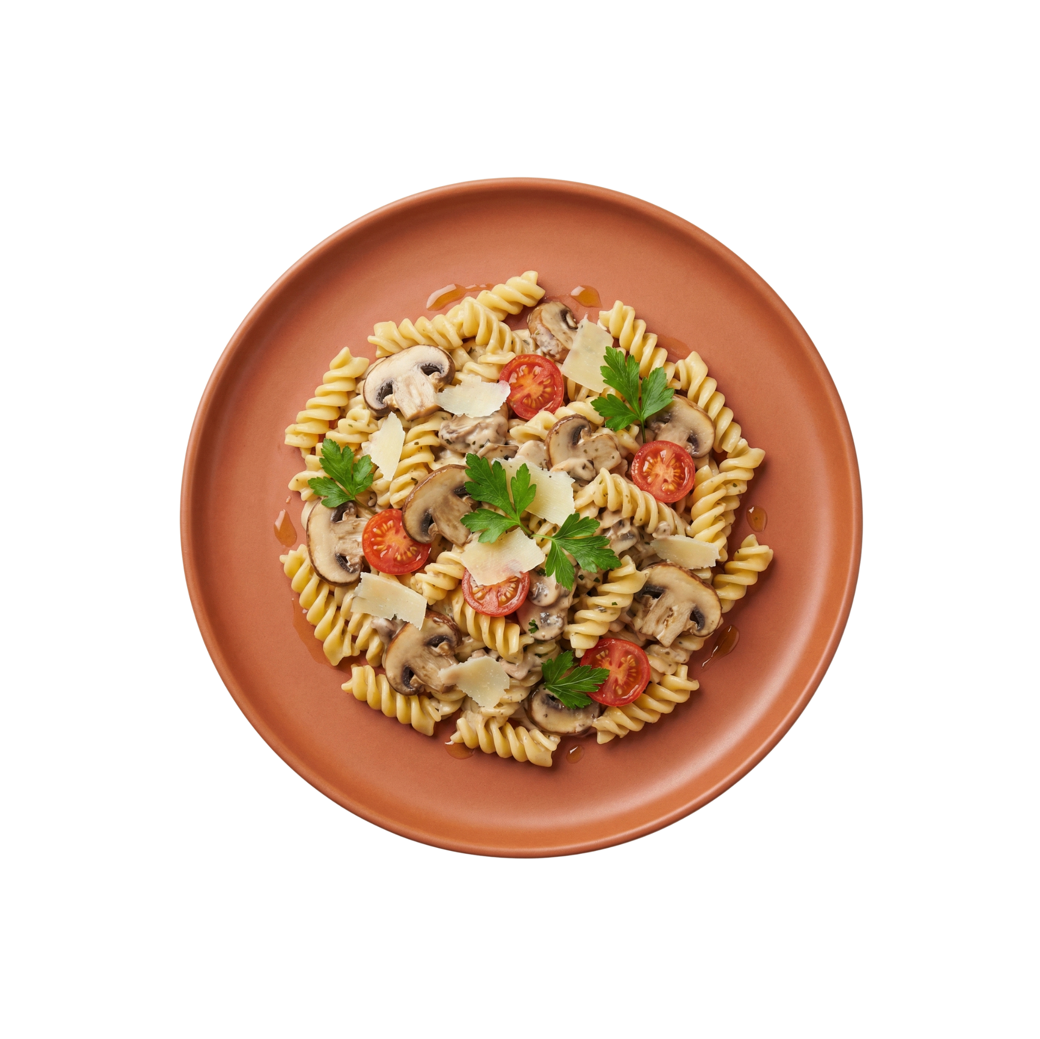 Rahmchampignons auf Spirelli mit Tomaten und Parmesan
