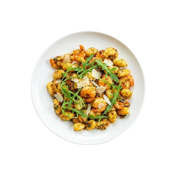 Riesengarnelen auf Kräutergnocchi mit Tomatenpesto