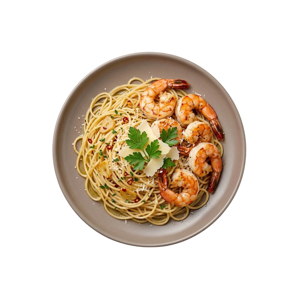 Riesengarnelen auf Spaghetti Aglio i Olio mit Parmesan