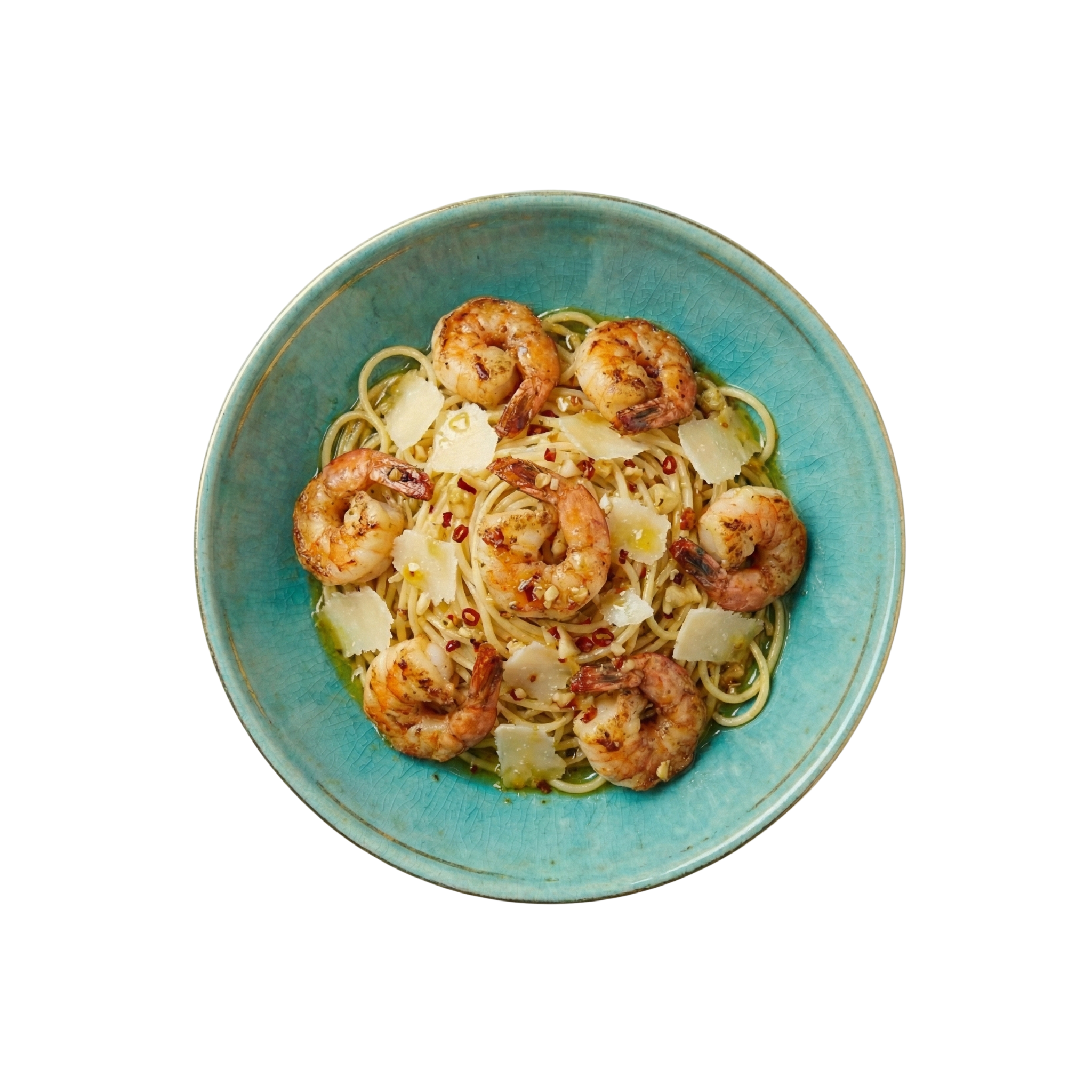 Riesengarnelen auf Spaghetti Aglio e Olio mit Parmesan