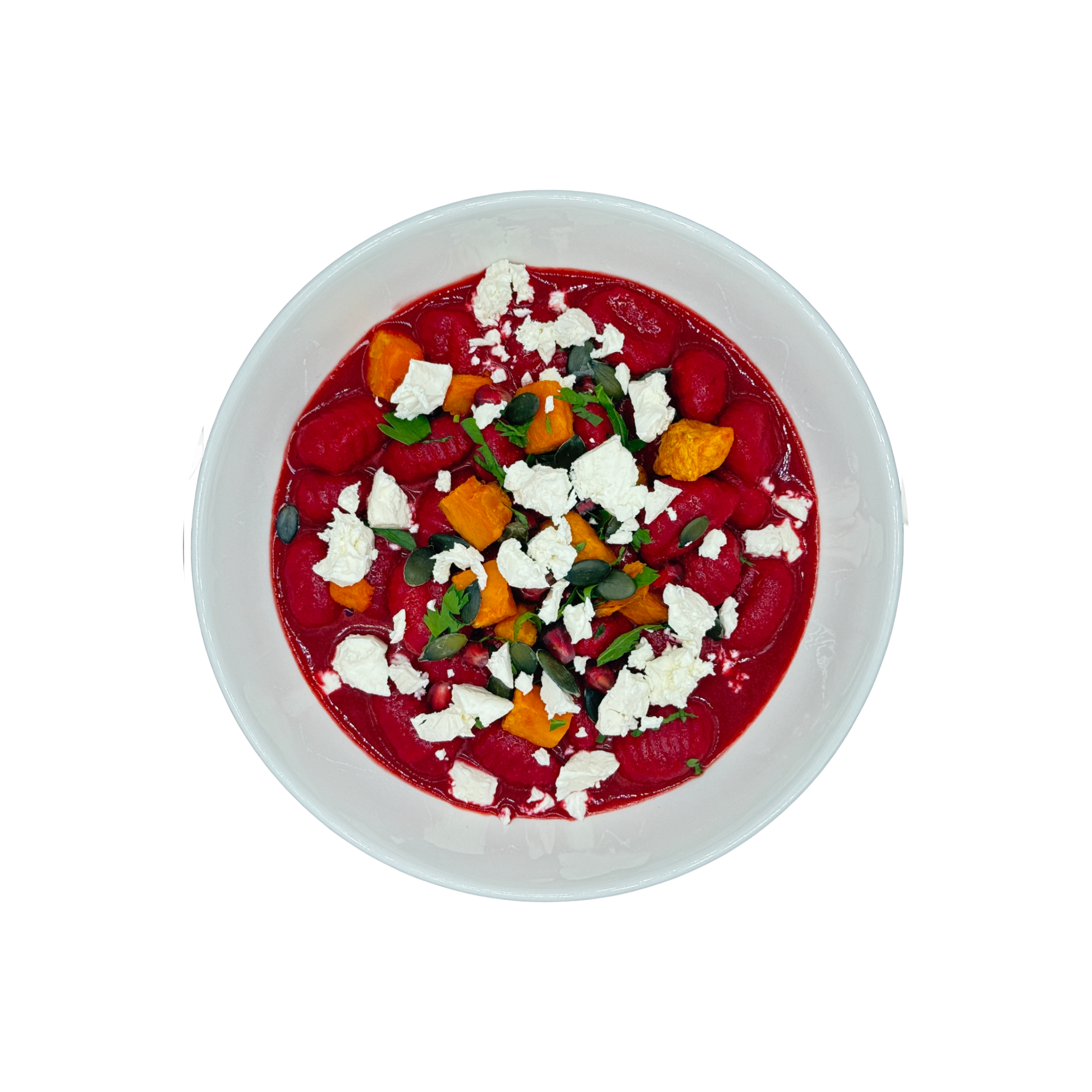 Rote Beete Gnocchi mit gebackenen Süßkartoffeln und Kokoscreme