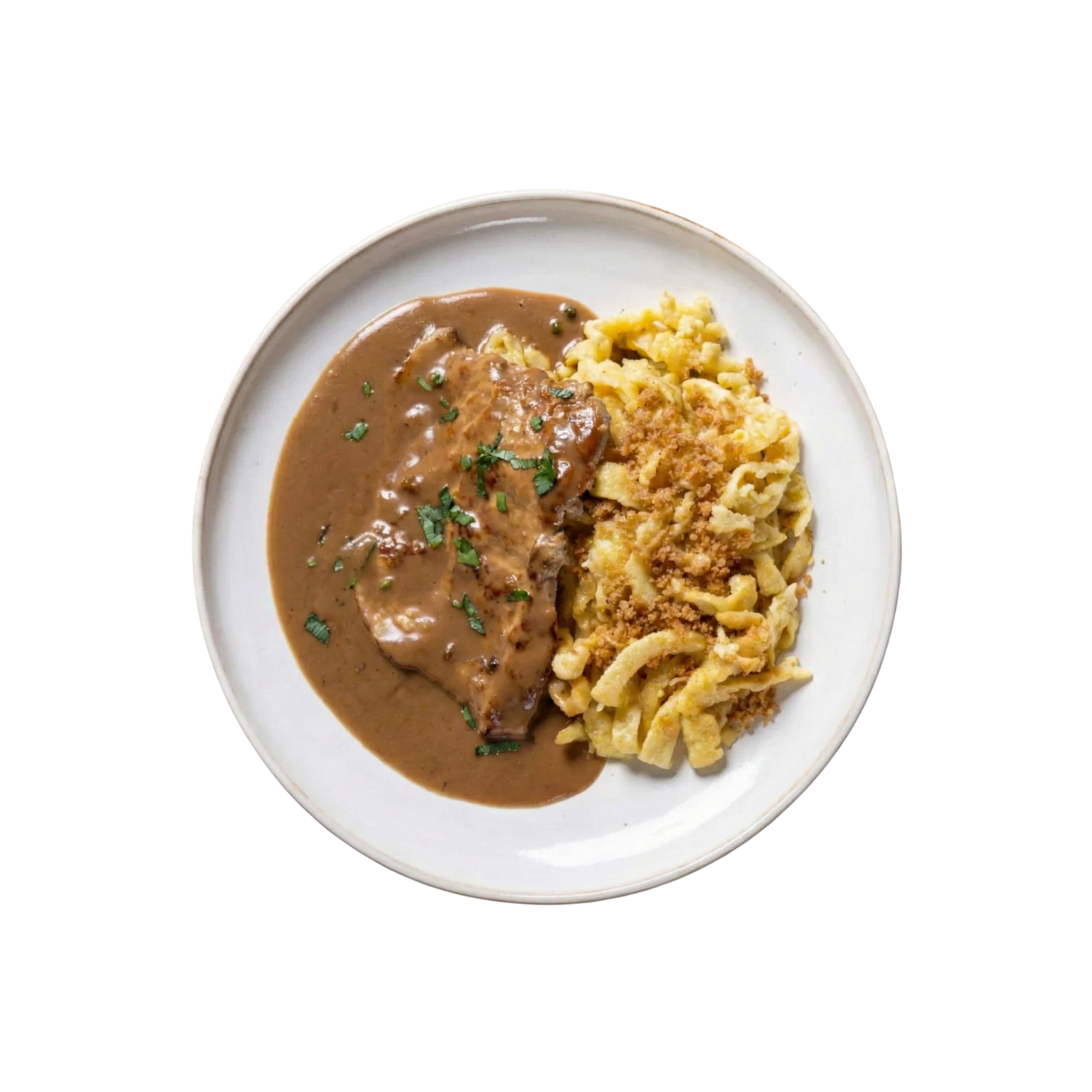 Schweinebraten in Pfefferrahmsauce auf Spätzle