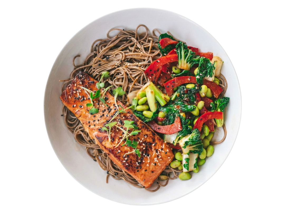 Teriyaki-Lachs mit Soba & Edamame-Gemüse