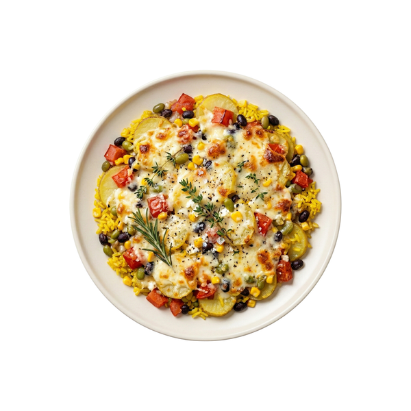 Überbackene Kartoffeln mit Tomaten, Mais, Feta, Bohnen und gelben Reis